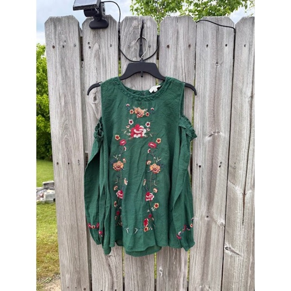 Boho Cottage Floral Embroidered Umgee Women's Large Green Cold Shoulder Blouse